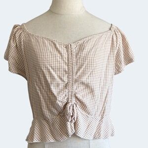 Jayne Tan Gingham Ruched Front Smocked Back Blouse XL Cottagecore Picnic Top